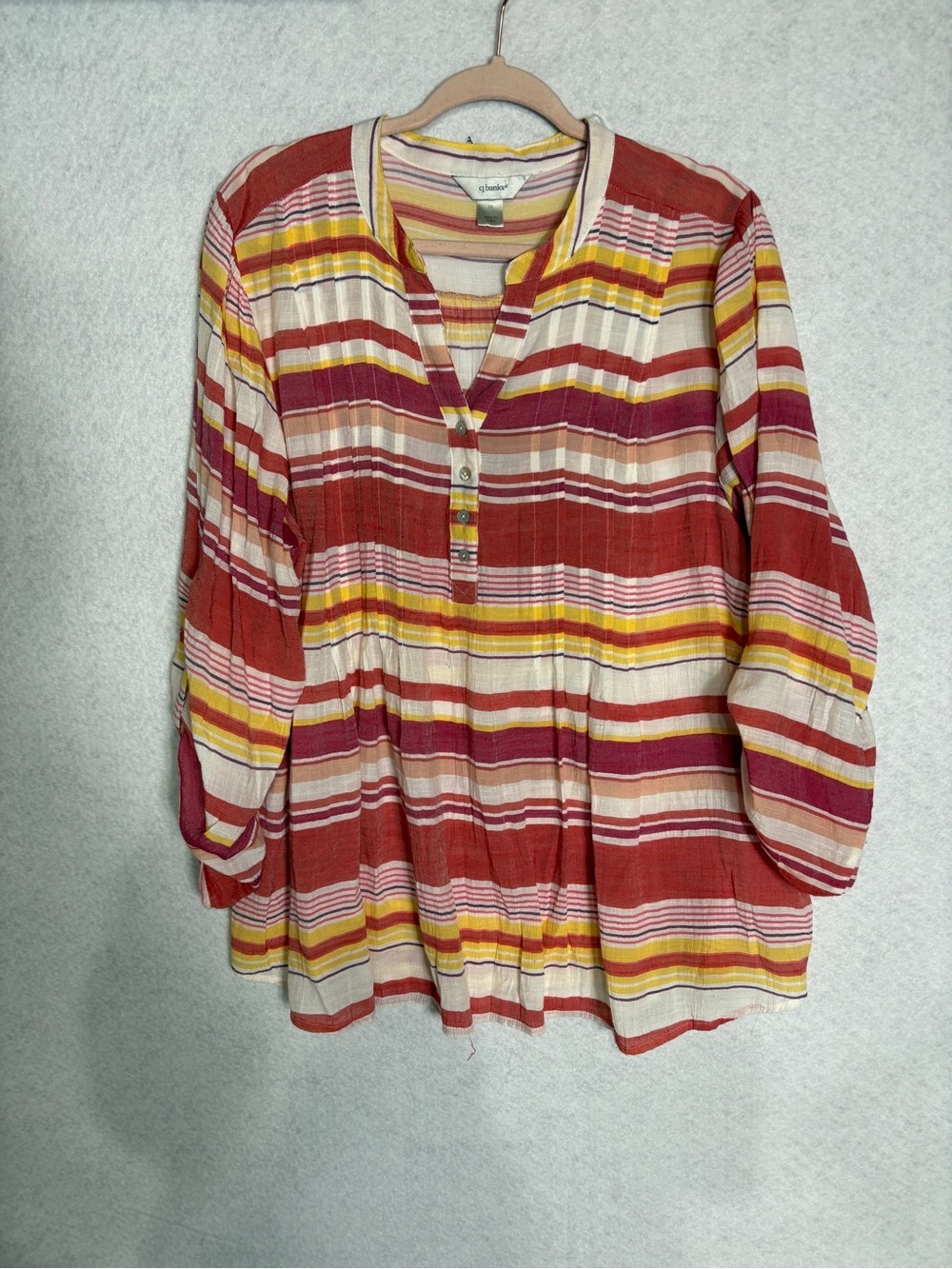 CJ Banks Multicolor Striped Henley Tunic - Rust, Yellow, Pink, Cream 2X